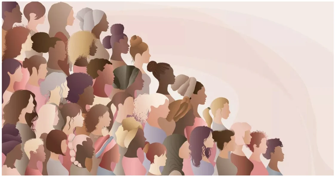 Ilustração de mulheres diversas de perfil, em tons suaves de rosa e terre